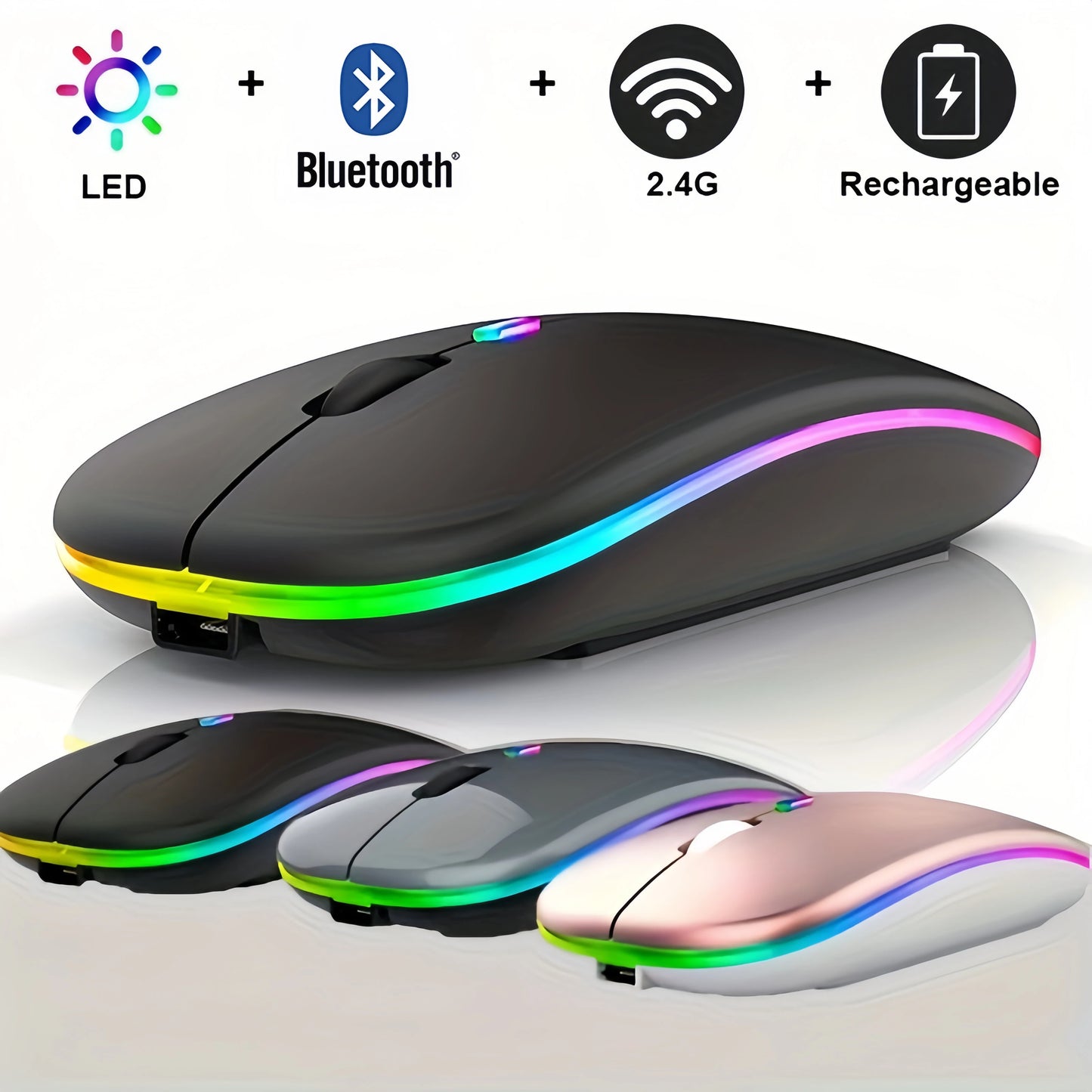 Wireless Bluetooth RGB Mouse – Dual Mode (Bluetooth + 2.4GHz), Rechargeable Silent Ergonomic Mouse for PC, Laptop, iPad & Phone