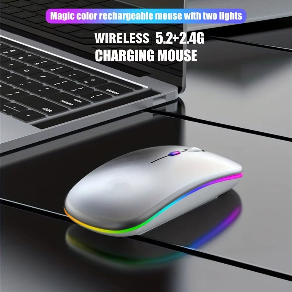 Wireless Bluetooth RGB Mouse – Dual Mode (Bluetooth + 2.4GHz), Rechargeable Silent Ergonomic Mouse for PC, Laptop, iPad & Phone